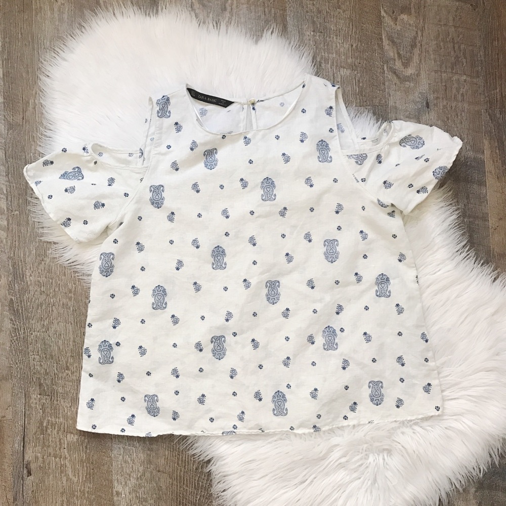 Zara Linen Printed Cold Shoulder Top
